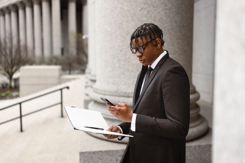 Confident business professional in a suit, working outdoors on laptop and smartphone, symbolizing modern entrepreneurship and connectivity.