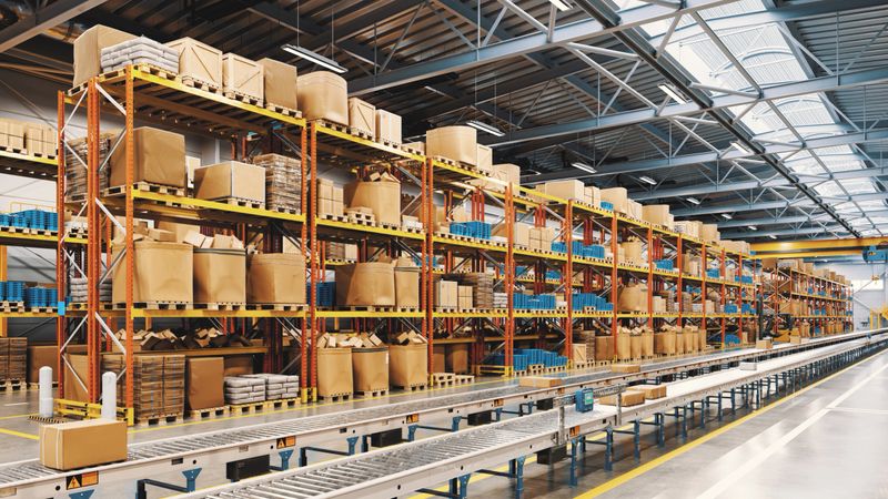 Interior of a modern industrial distribution warehouse.