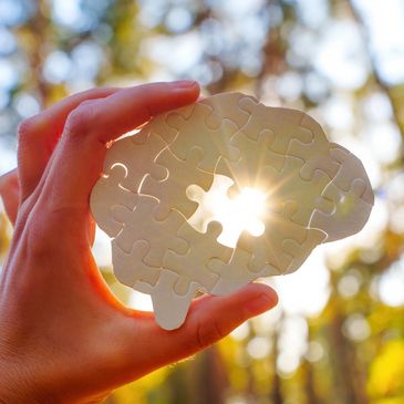 Hand holding brain-shaped puzzle with a missing piece and sunlight shining through.