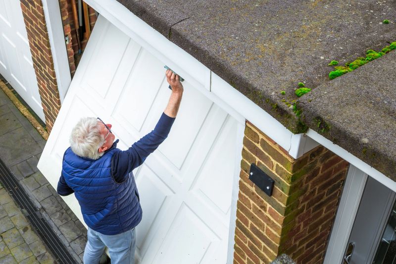 A senior man in his 70s cleaning the garage door of his house. The man uses a sponge and brush with soapy water to clean the dirty white garage door.