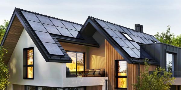 Modern house with solar panels on the roof.