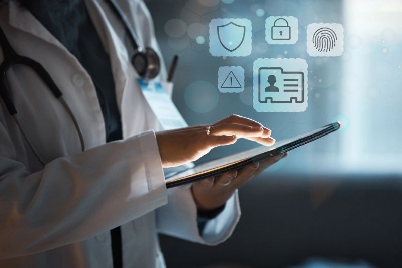 Tablet, overlay and hands of doctor with safety icon, privacy and cybersecurity in healthcare network. Password, hologram and medical person with digital app, biometric lock or data protection system
