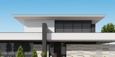 Modern house exterior with clean lines and flat roof.