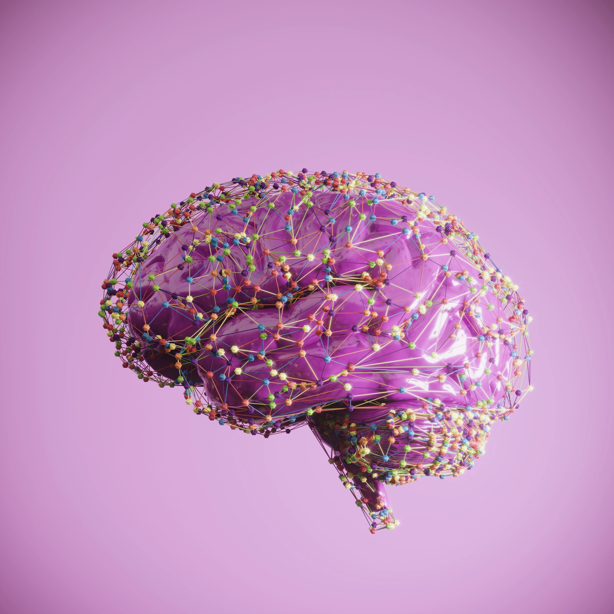 Colorful network structure over purple brain-like form