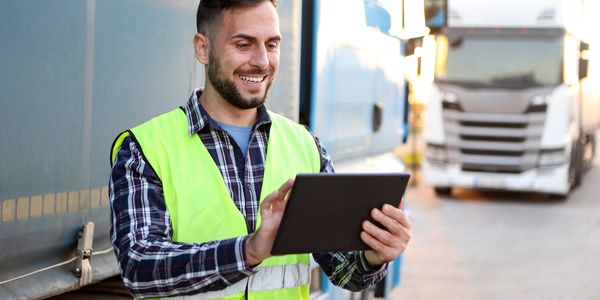 Smiling truck driver using a tablet near trucks.