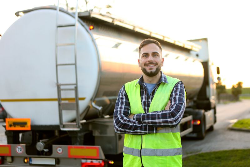 Fuel truck driver in front of a truck. About 30 years old, smiling Caucasian mid adult man.