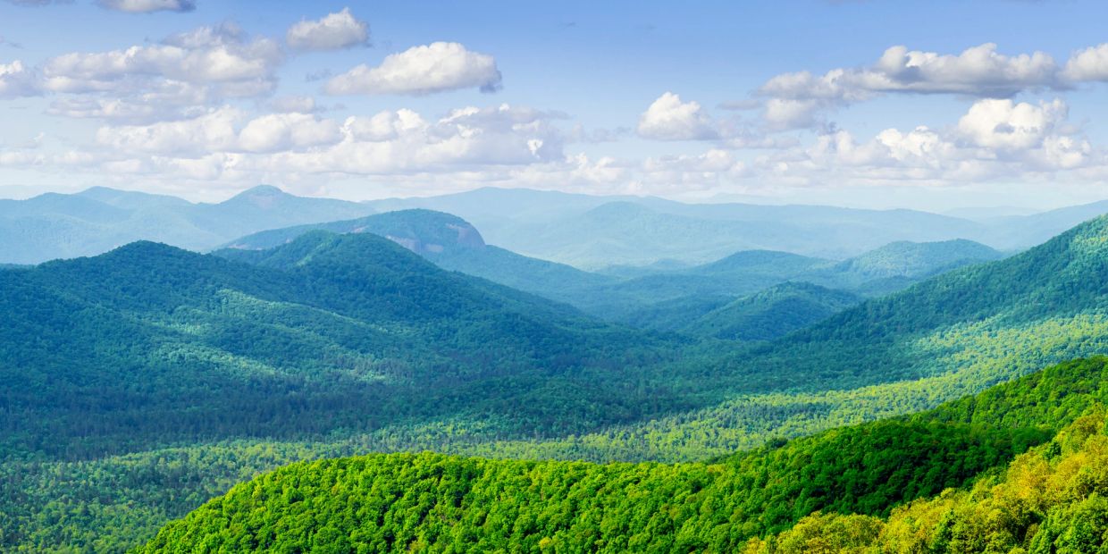 Vibrant green forest-covered mountains under a blue sky with clouds.
