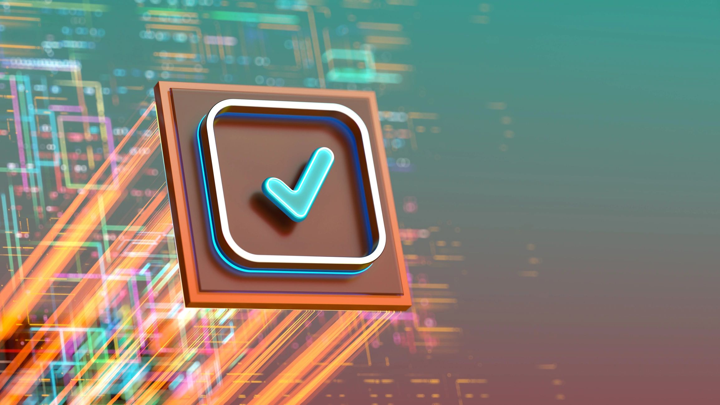 3D digital checkmark icon with glowing neon effects and circuit background.