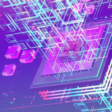 Abstract digital circuit board design with neon blue and pink glowing lines and cubes.