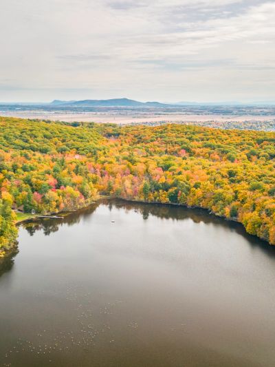 Un lac entouré d'arbres en automne.