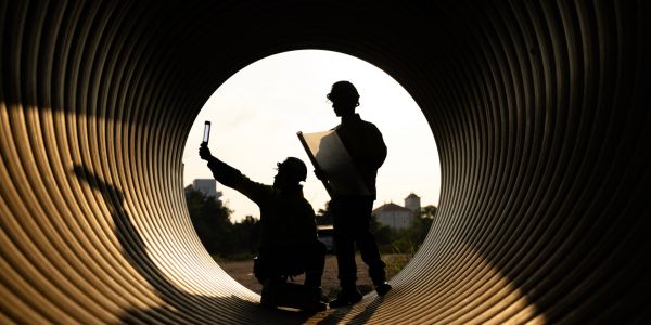 Two workers silhouetted inside a large pipe at sunset.