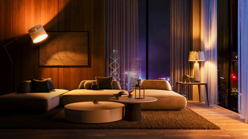Warm and inviting living room scene illuminated by soft, warm light, perfect for creating cozy and relaxing atmospheres in interior design projects. 3D render.