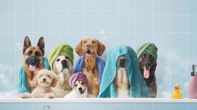 Seven dogs in towels and turbans sitting in a bathtub, ready for a bath.