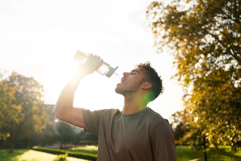 Young athlete hydrates with fresh water from a bottle after exercising in a park at sunset during the summer