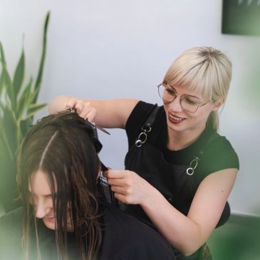 Hairdresser cutting client's hair with scissors.