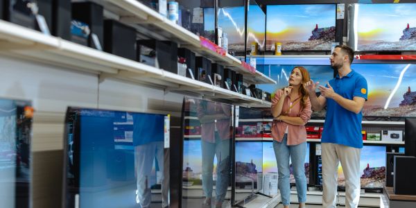 A couple shopping for TVs in an electronics store.