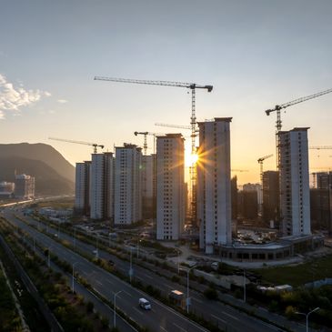 Sunset over a city with high-rise buildings under construction and cranes.