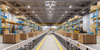 Warehouse conveyor belts with stacked cardboard boxes and organized shelves.