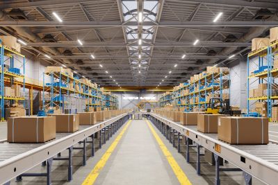 Warehouse conveyor belts with boxes ready for shipping.