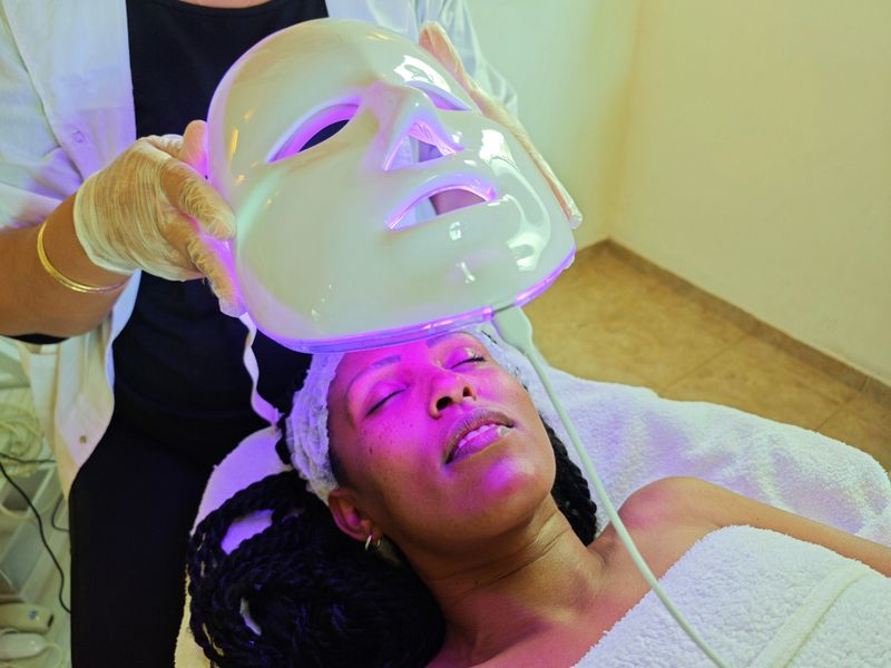 A client relaxes during a spa session as a skincare professional carefully positions a purple LED light therapy mask. The soft purple glow highlights the use of advanced skincare technology for improving skin texture, reducing inflammation, and promoting rejuvenation. The scene reflects a blend of relaxation and modern beauty care.