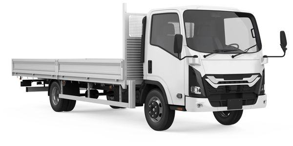 White flatbed truck with extended cargo area on a white background.