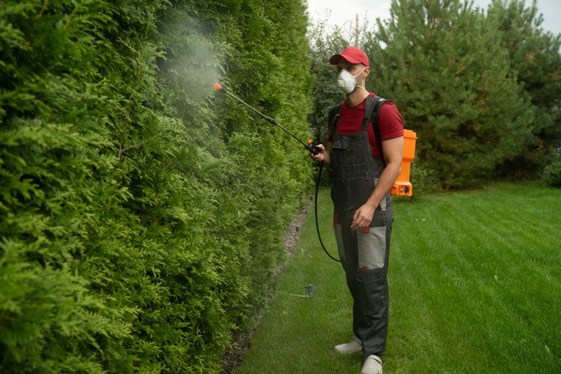 A landscaping professional applies treatment to hedges while wearing protective gear. The vibrant garden showcases lush greenery and well-maintained foliage.