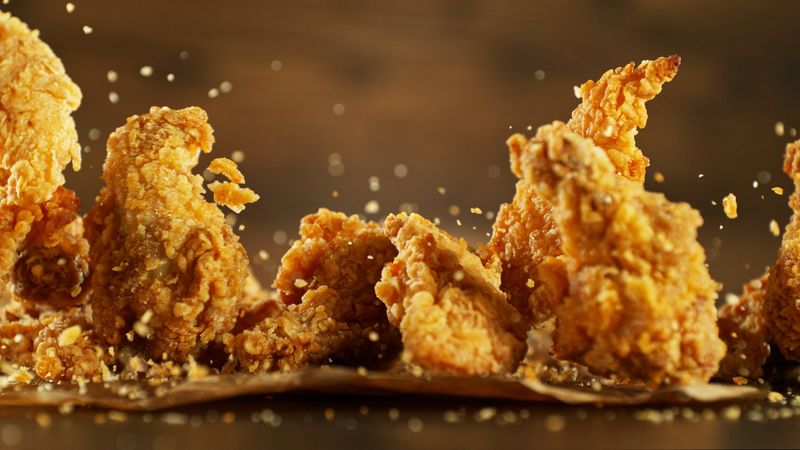 Freeze motion of flying pieces of fried chicken pieces. Concept of levitating food.