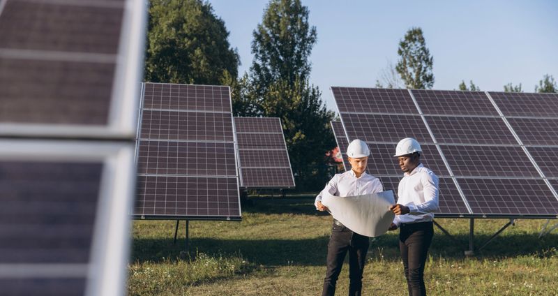 Two engineers at a solar farm examining blueprints, symbolizing teamwork and renewable energy advancements.