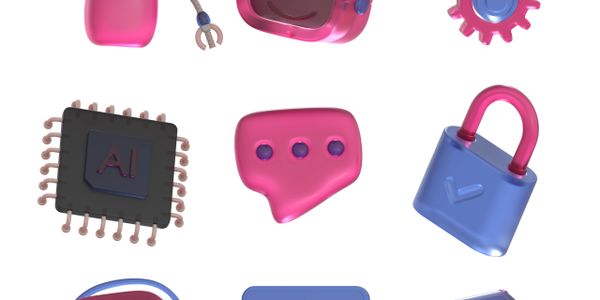 Set of pink and blue AI and tech-themed icons and robots.