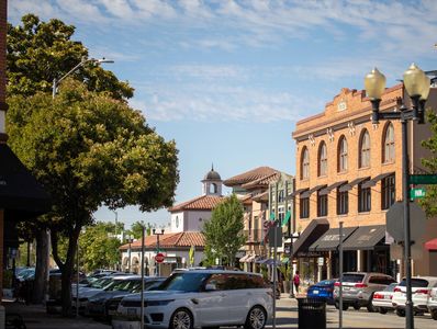 Sunny street scene with trees, cars, and historic buildings under a blue sky.