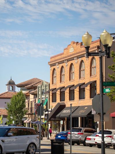 Sunny street scene with trees, cars, and historic buildings under a blue sky.