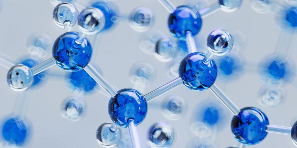 Blue molecule structures connected by bonds.