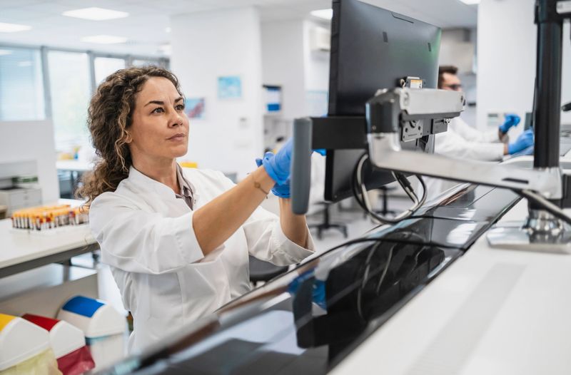 A Caucasian female scientist engages with high-tech equipment in a modern lab