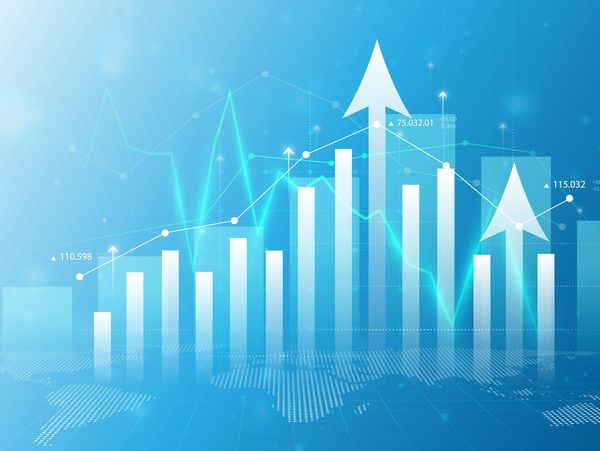 Digital chart with upward arrows indicating growth and progress.