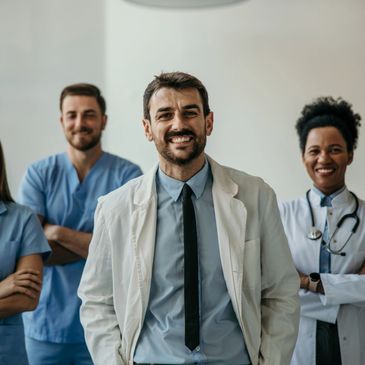 A confident male doctor with a team of medical professionals in the background.
