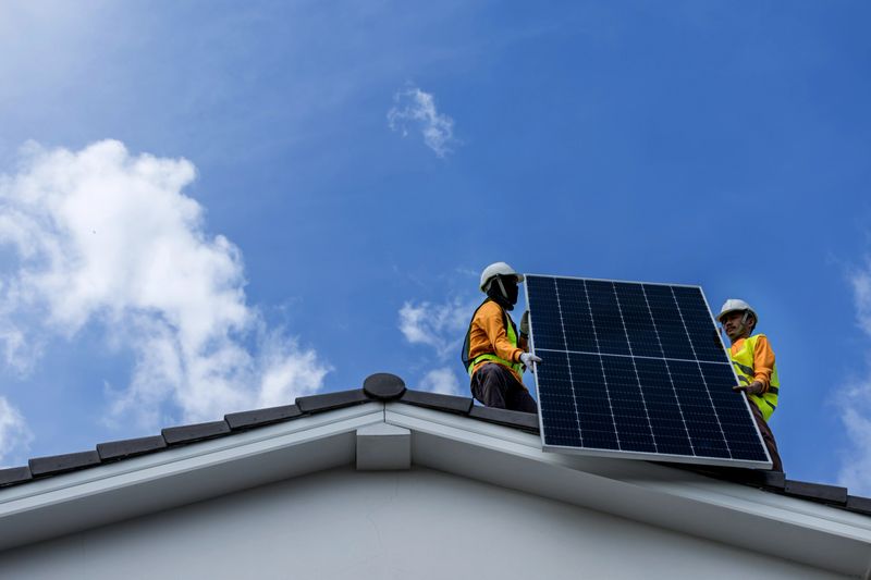 Technicians Install photovoltaic solar modules on roof of house. Engineers install or fix solar cells in roof of house. Technician worker on solar panels. Solar panel technician  working on house roof