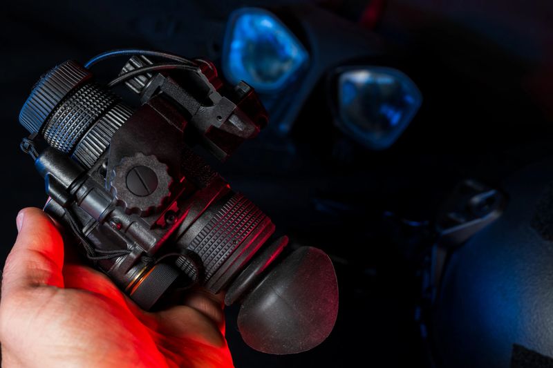 Compact military Night Vision monocular in a man's hand, close-up photo.