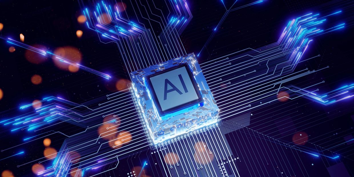 A glowing AI chip on a futuristic circuit board with blue light trails.