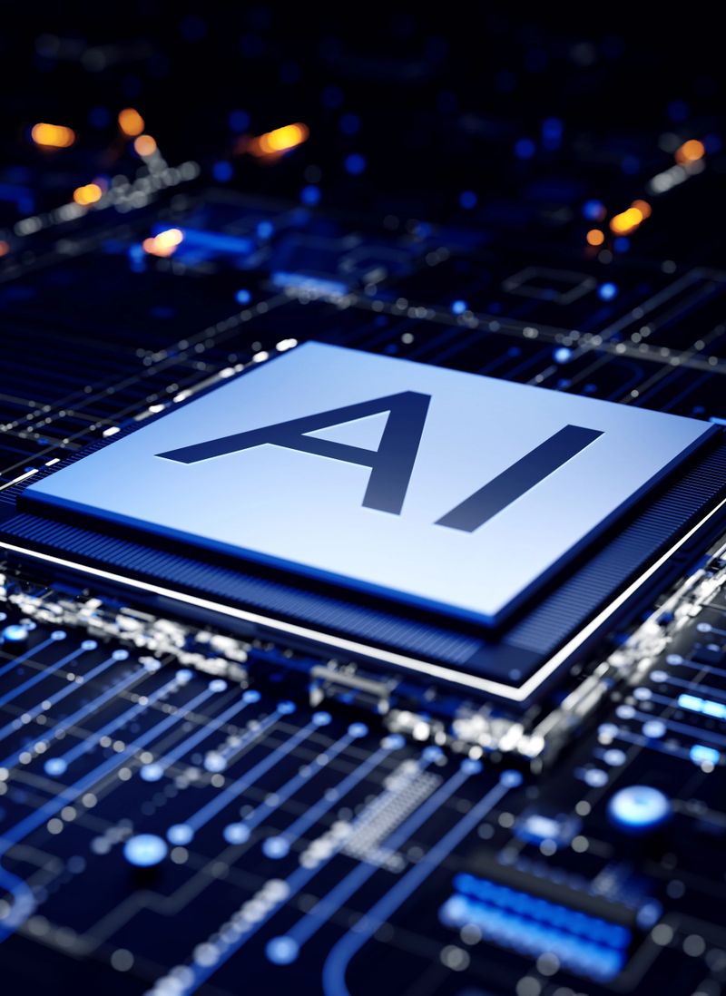 Computer chip labeled "AI" on a circuit board. The scene is illuminated with a cool blue glow, highlighting various circuit pathways and components surrounding the chip. It visually represents the concept of artificial intelligence technology embedded within hardware, suggesting advanced computing power and digital innovation.