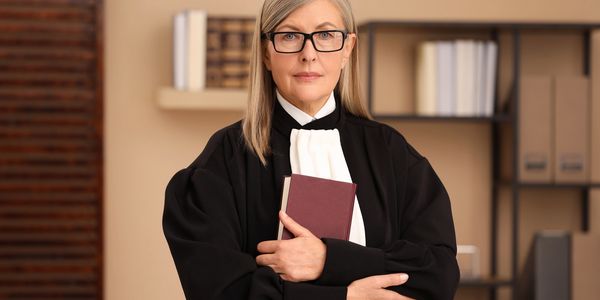 Confident female judge in traditional black robe holding a law book.