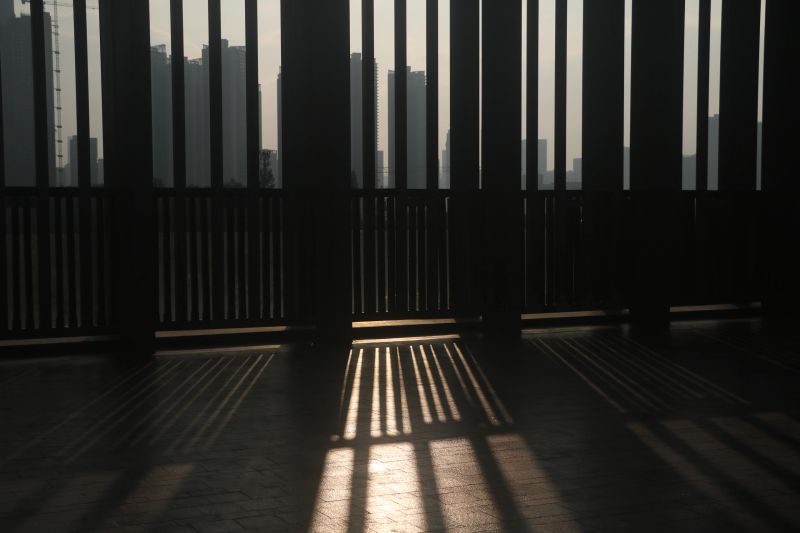sunrise in morden building  with golden light, shadow