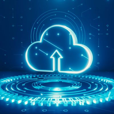 Glowing cloud upload icon with digital circuit background in blue hues.