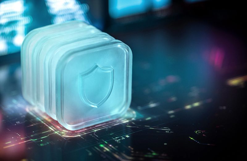 A modern representation of digital security, featuring a translucent shield icon set against a vibrant technology-themed background, symbolizing protection and cybersecurity in the digital age.