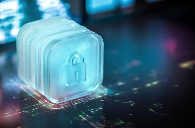 A glowing 3D lock symbol on a digital background, highlighting themes of cybersecurity and data protection in a modern technological context.