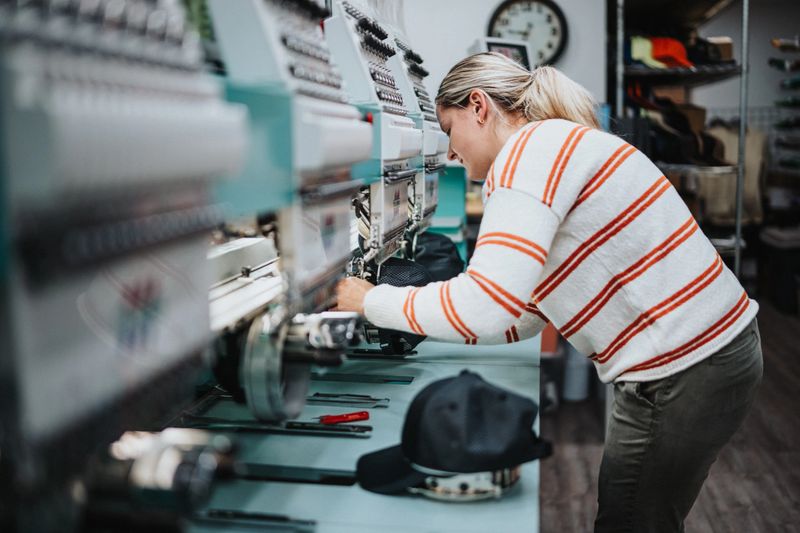 A female worker who works in a manufacturing facility uses an embroidery machine to add design elements to baseball hats.