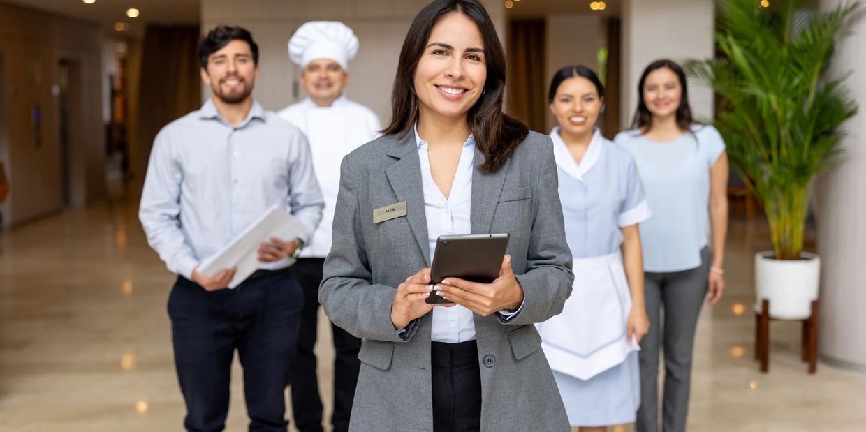 Hotel staff team with manager holding a tablet, smiling confidently. Bachelor in International Hospitality Management, Hospitality Management Program, SHG Universities