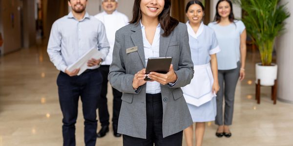 Hotel staff team standing together with smiles, showcasing various roles.