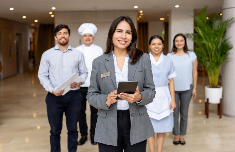 Happy Latin American hotel manager leading a group of employees at the lobby and looking at the camera smiling