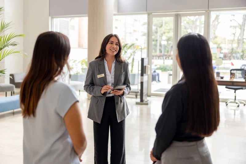 Hotel manager talking to a couple of employees in a meeting at the lobby while using a digital tablet