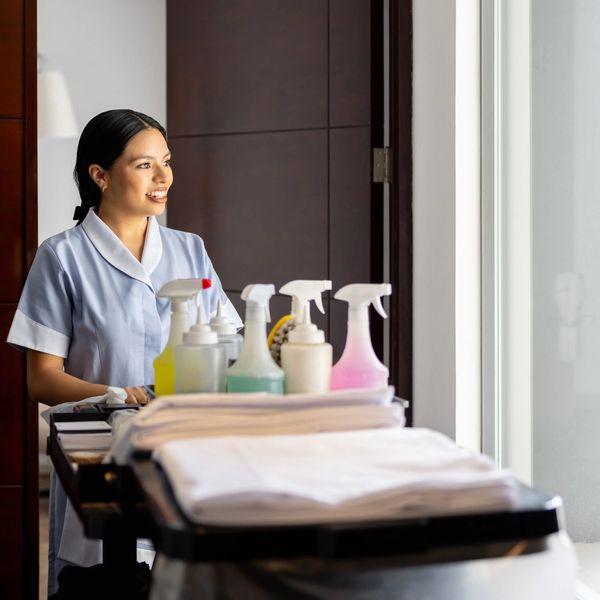 Housekeeper in uniform with cleaning supplies on a cart near a window.
